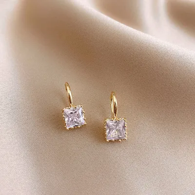 Women Temperament Geometric Square Zircon Decorate Ear Hook Earrings