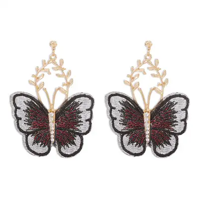 Women's Temperament Leaf Shape Butterfly Embroidery Drop Earrings