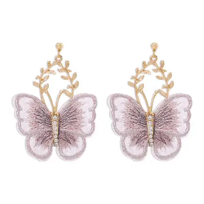 Women's Temperament Leaf Shape Butterfly Embroidery Drop Earrings