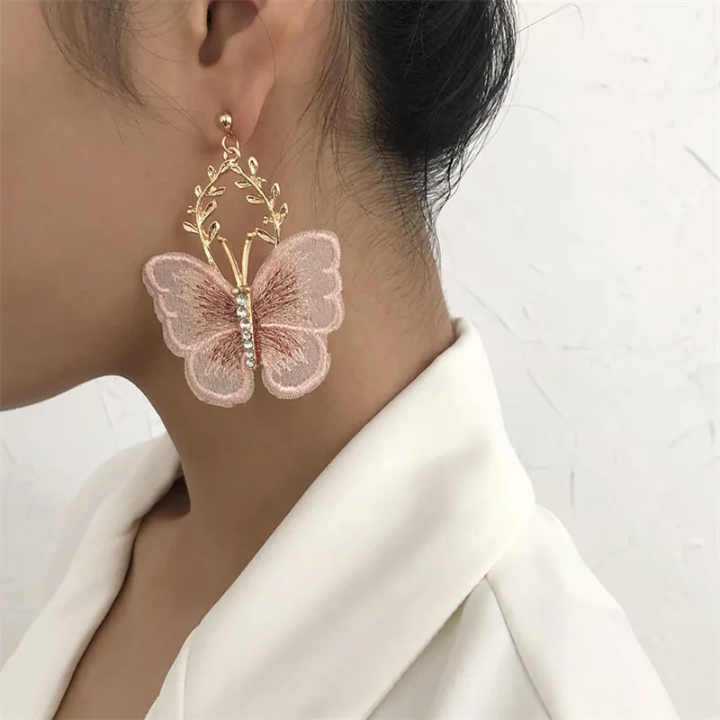 Women's Temperament Leaf Shape Butterfly Embroidery Drop Earrings