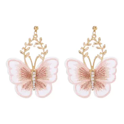 Women's Temperament Leaf Shape Butterfly Embroidery Drop Earrings