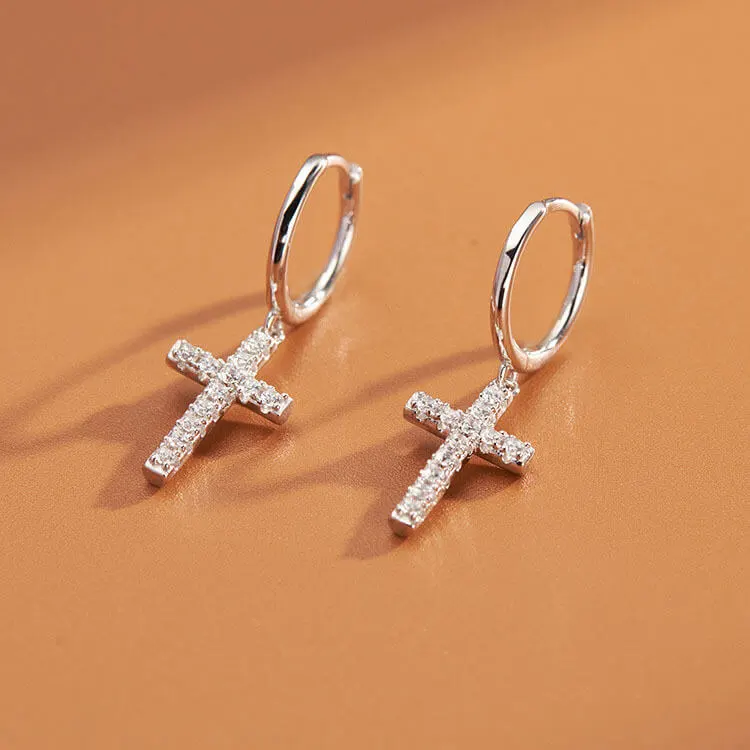 Women Fashion Cross Design Zircon Decorate Silver Drop Earrings
