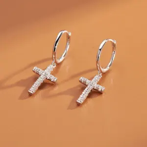 Women Fashion Cross Design Zircon Decorate Silver Drop Earrings