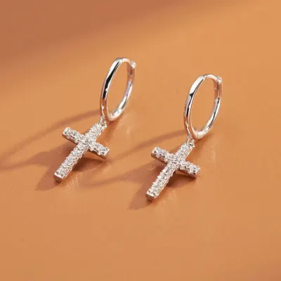 Women Fashion Cross Design Zircon Decorate Silver Drop Earrings