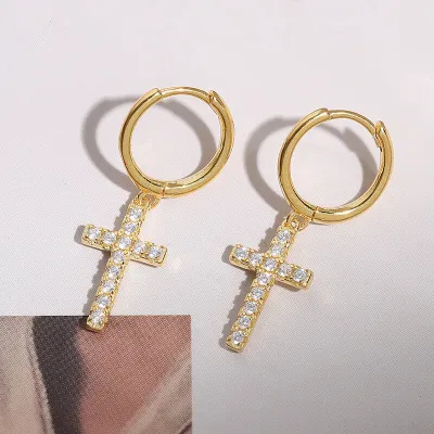 Women Fashion Cross Design Zircon Decorate Silver Drop Earrings