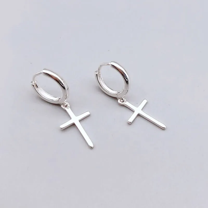 Women Fashion Cross Pendant 925 Silver Earrings Geometric Style