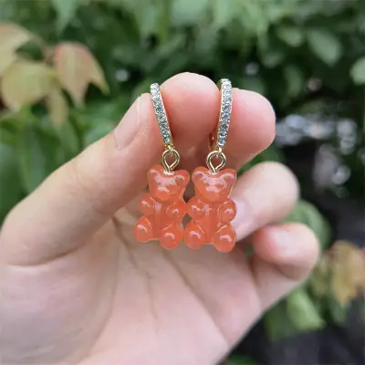 Cute Small Bear Design Rhinestone Decorate Earrings for Women