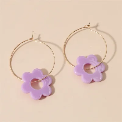 Women Fashion Round Shape Flower Decorate Earrings