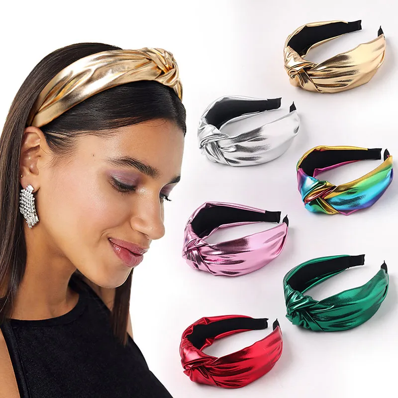Fashion New Bright Color PU Knotted Headband for Women Plaid