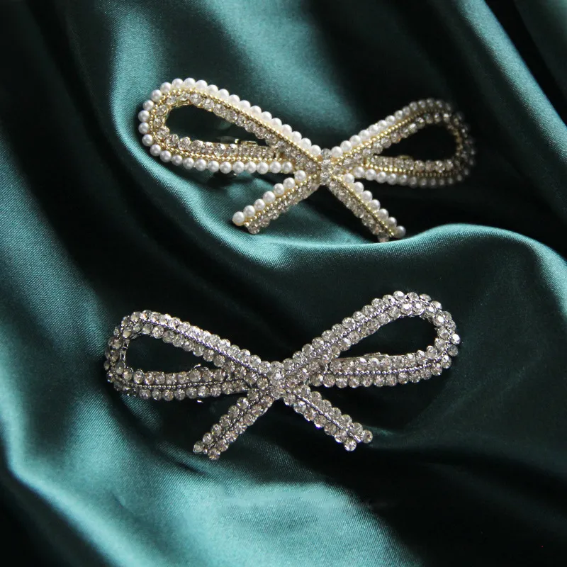 Vintage Bowknot Rhinestone Imitation Pearl Decor Hair Clip for Women