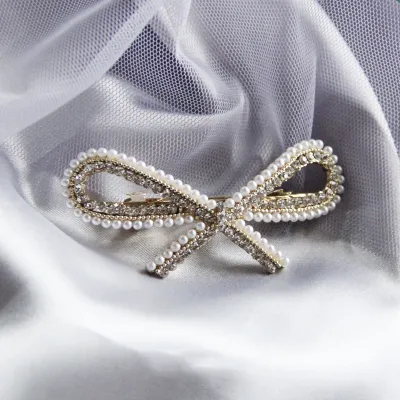 Vintage Bowknot Rhinestone Imitation Pearl Decor Hair Clip for Women