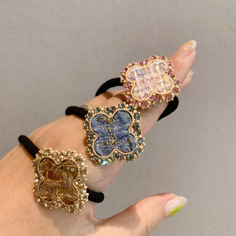 Fashion Four-Leaf Clover Rhinestone Decor Elastic Hair Band Vintage Women's