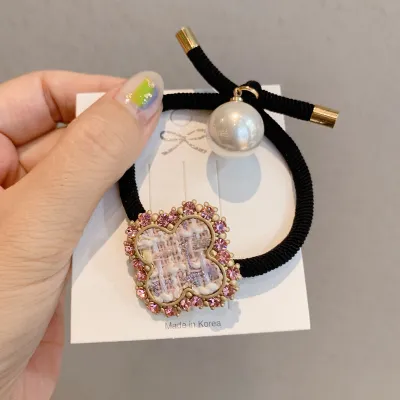 Fashion Four-Leaf Clover Rhinestone Decor Elastic Hair Band Vintage Women's