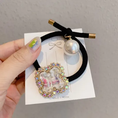 Fashion Four-Leaf Clover Rhinestone Decor Elastic Hair Band Vintage Women's