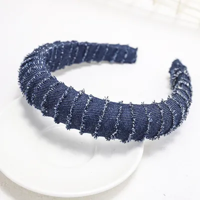 Women Chain Decor Denim Twine Sponge Headband