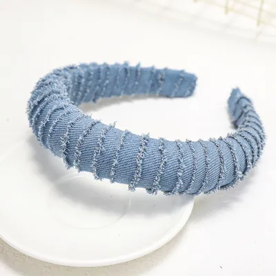 Women Chain Decor Denim Twine Sponge Headband