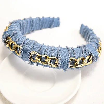 Women Chain Decor Denim Twine Sponge Headband