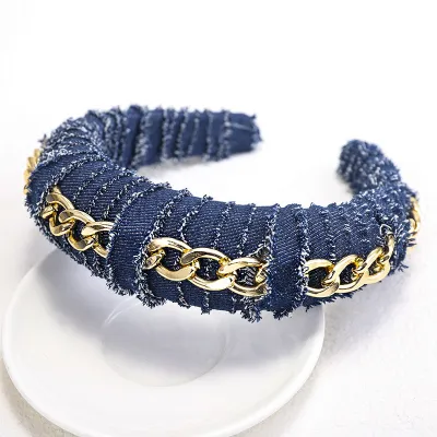 Women Chain Decor Denim Twine Sponge Headband