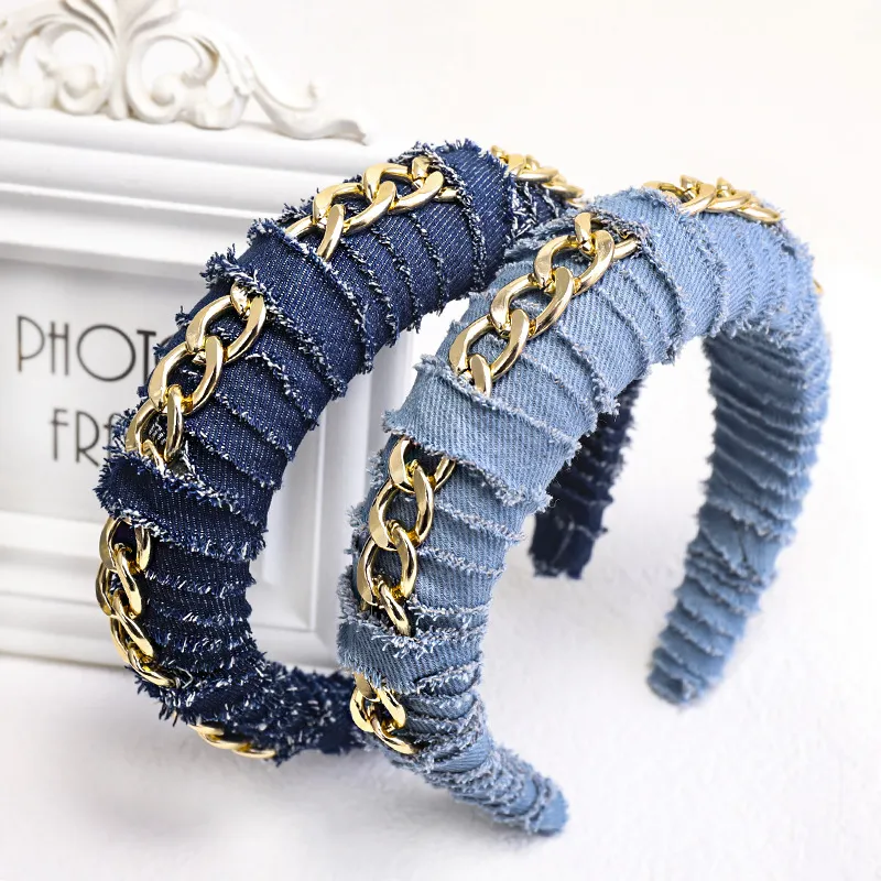 Women Chain Decor Denim Twine Sponge Headband