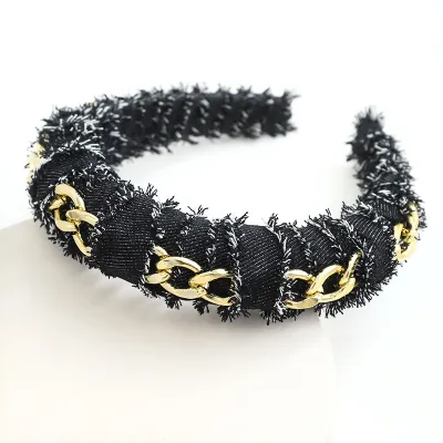 Women Chain Decor Denim Twine Sponge Headband