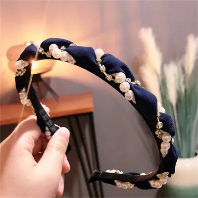 Women Fashion Pearl Rhinestone Decor Headband