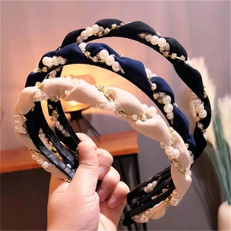 Women Fashion Pearl Rhinestone Decor Headband