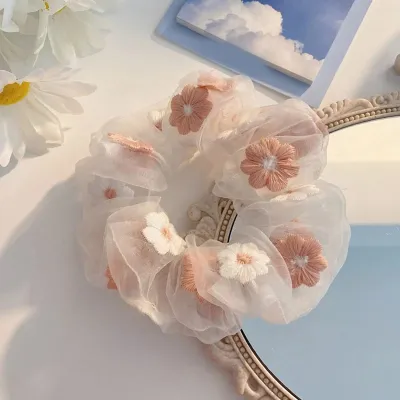 Women Embroidery Mesh Yarn Elastic Hair Band with Plaid Pattern
