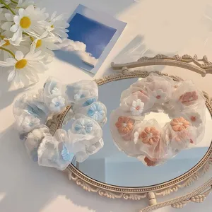 Women Embroidery Mesh Yarn Elastic Hair Band with Plaid Pattern