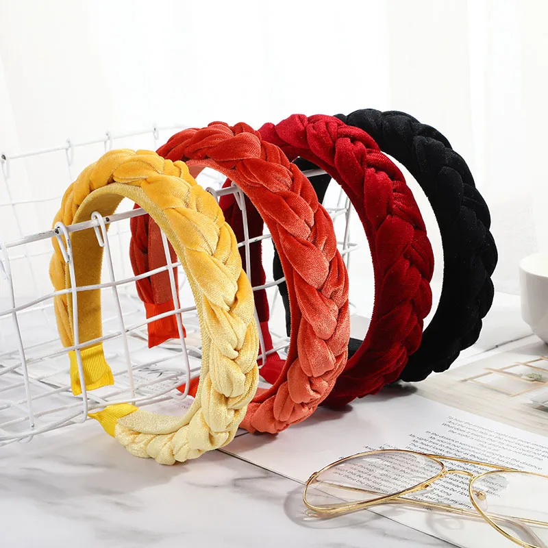 Women Solid Color Flannelette Braid Headband Korean Velvet Gold Diamond