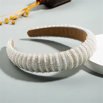 Women Elegant Inlaid Full Pearls Headband Plaid Fabric