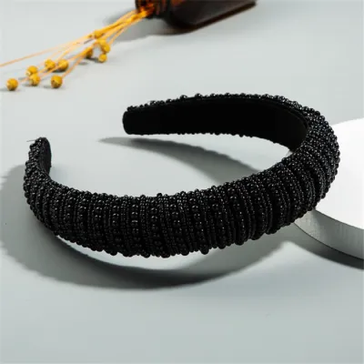 Women Elegant Inlaid Full Pearls Headband Plaid Fabric