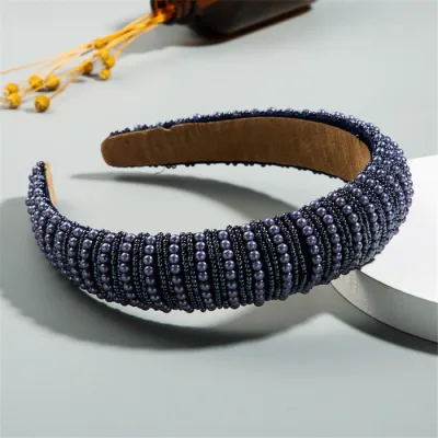 Women Elegant Inlaid Full Pearls Headband Plaid Fabric