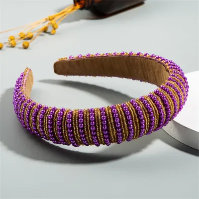 Women Elegant Inlaid Full Pearls Headband Plaid Fabric
