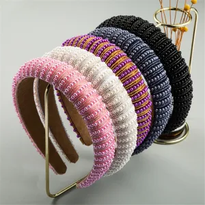 Women Elegant Inlaid Full Pearls Headband Plaid Fabric
