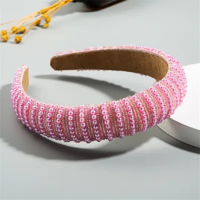 Women Elegant Inlaid Full Pearls Headband Plaid Fabric