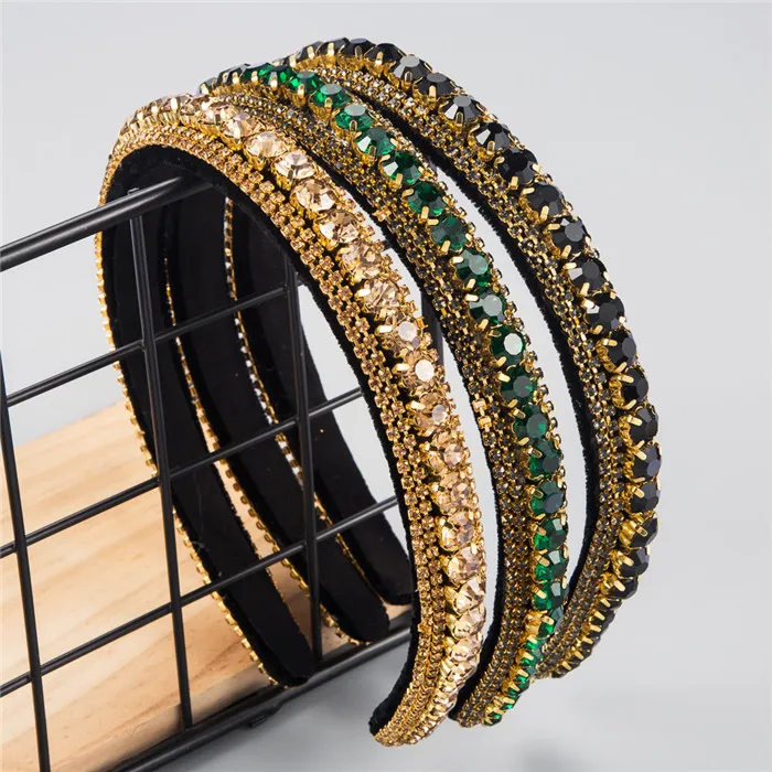Stylish Multilayer Glass Drill Thin Edge Women's Gold Velvet Plaid Headband