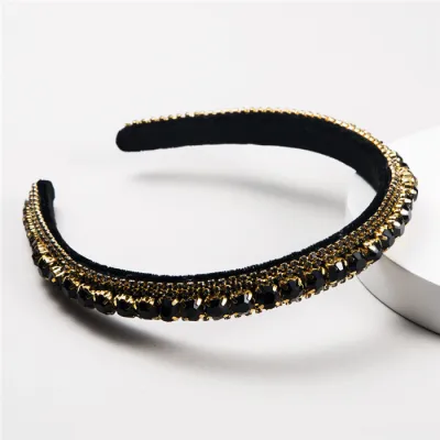 Stylish Multilayer Glass Drill Thin Edge Women's Gold Velvet Plaid Headband