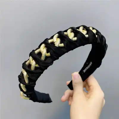 Women Unique Chain Decorative Headband Alloy Bow Tie Plaid