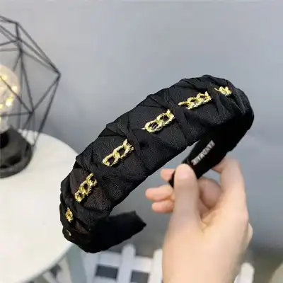 Women Unique Chain Decorative Headband Alloy Bow Tie Plaid