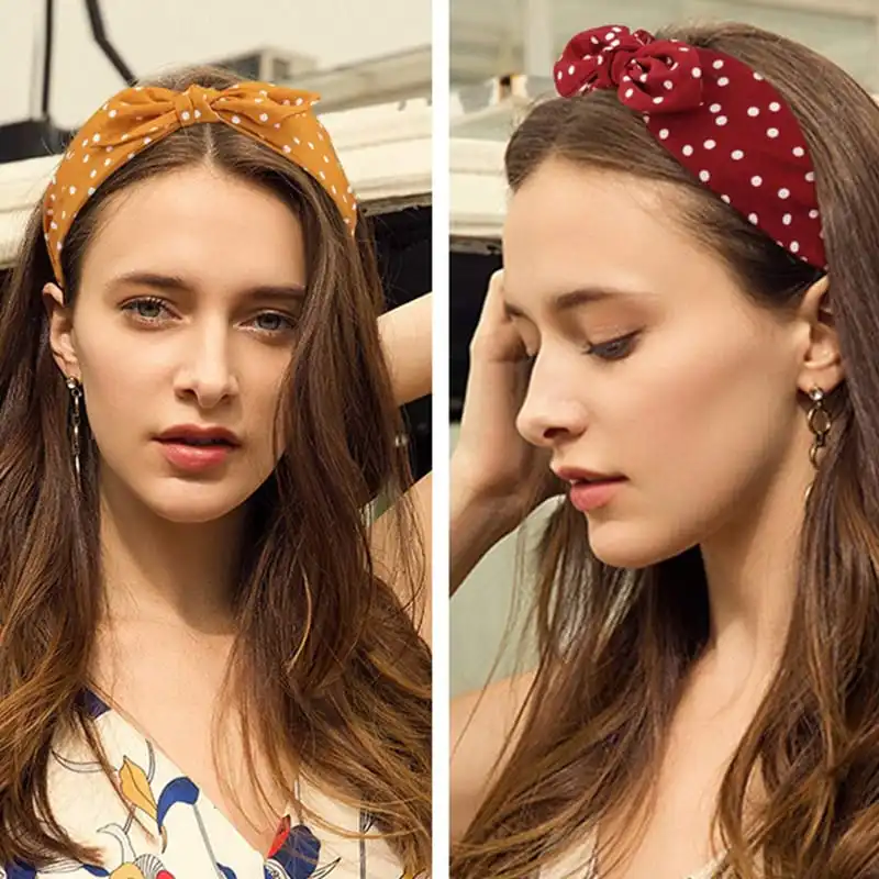 Women Fashion Rabbit Ear Bow Headband Polka Dot Fabric Hairband