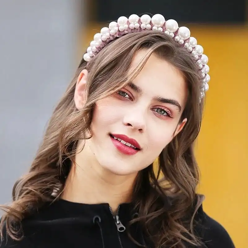 Women Retro Pearl Decorative Solid Color Headband