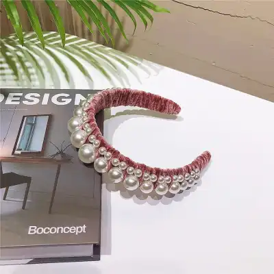Women Retro Pearl Decorative Solid Color Headband