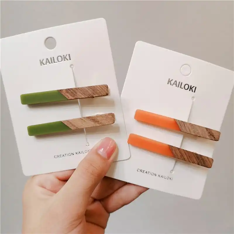 2pcs/set Women's Vintage Simple Solid Color And Wood Splice Hair Clip