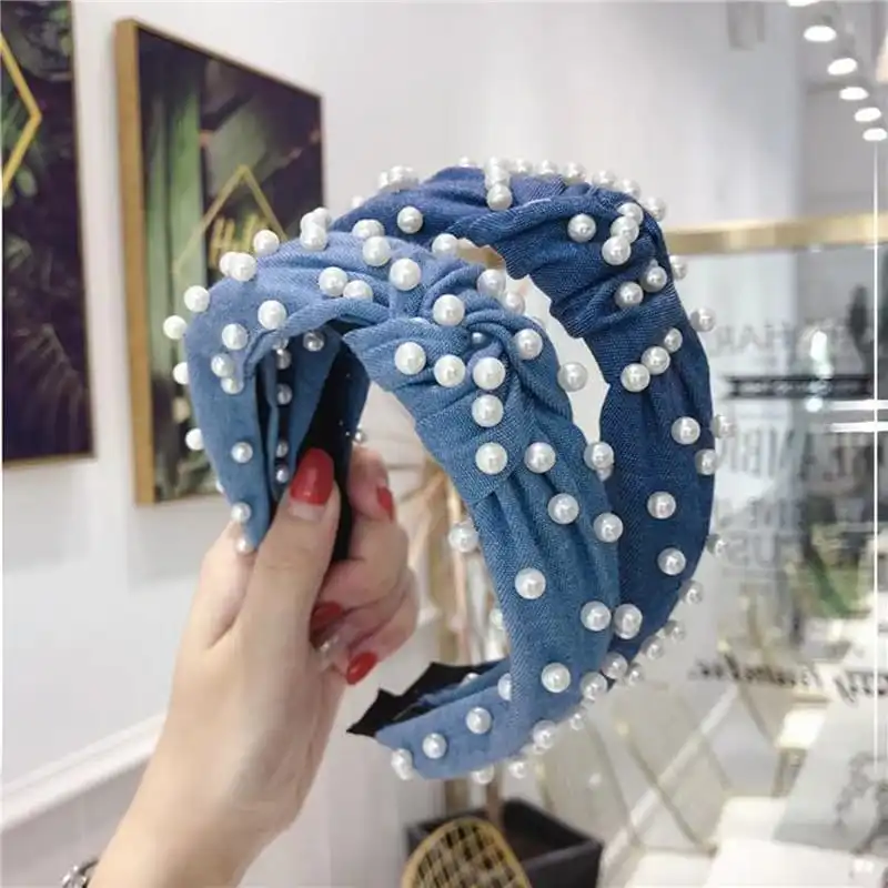 Women Fashion Pearl Decorative Cross Design Headband