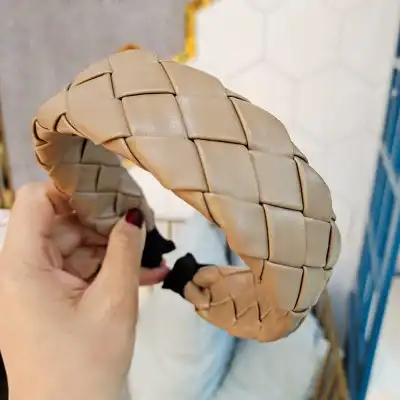 Women Retro Solid Color PU Leather Geometric Headband