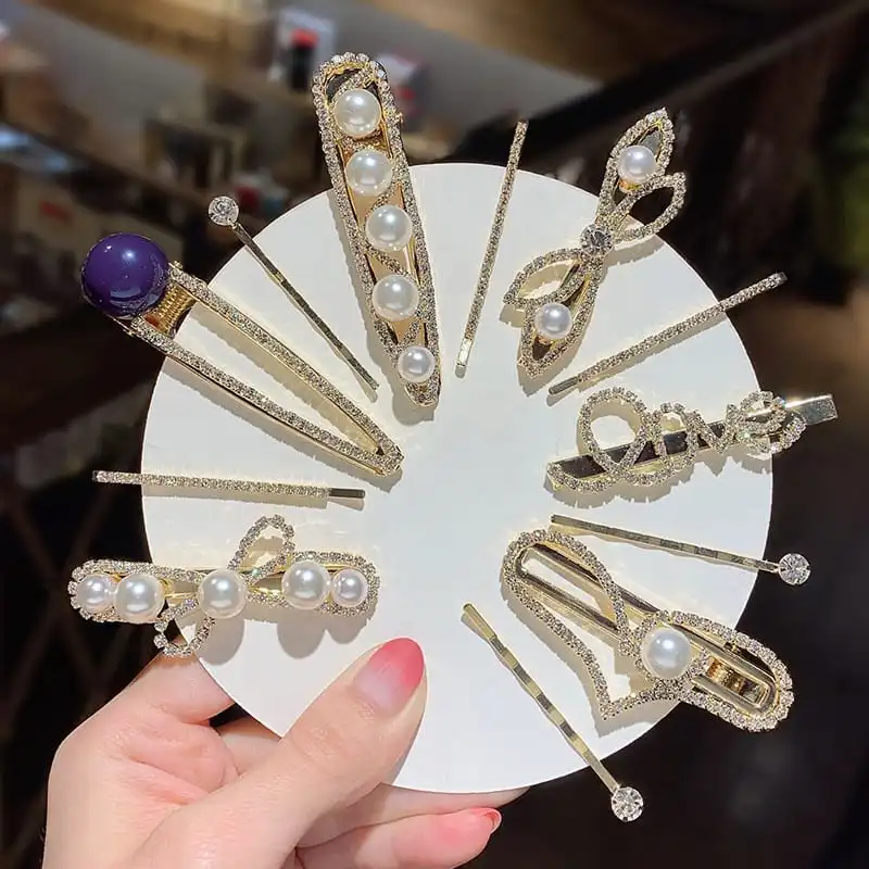 2pcs/set Sweet Pearl Rhinestone Geometric Hair Clip Set Japan and South Korea Style