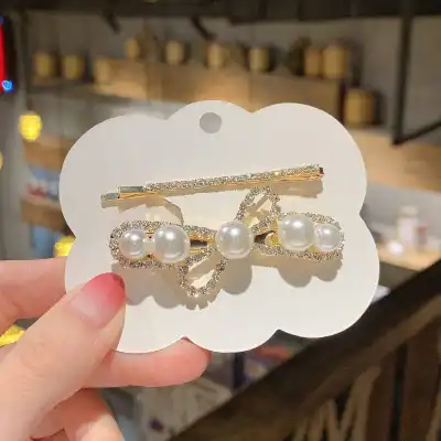 2pcs/set Sweet Pearl Rhinestone Geometric Hair Clip Set Japan and South Korea Style
