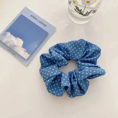 Women's Fashion Plaid And Polka Dot Hair Tie Blue