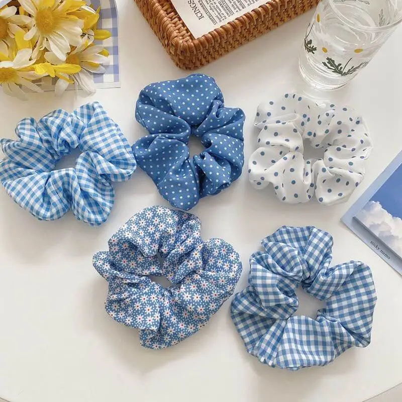 Women's Fashion Plaid And Polka Dot Hair Tie Blue