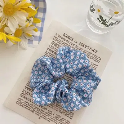 Women's Fashion Plaid And Polka Dot Hair Tie Blue